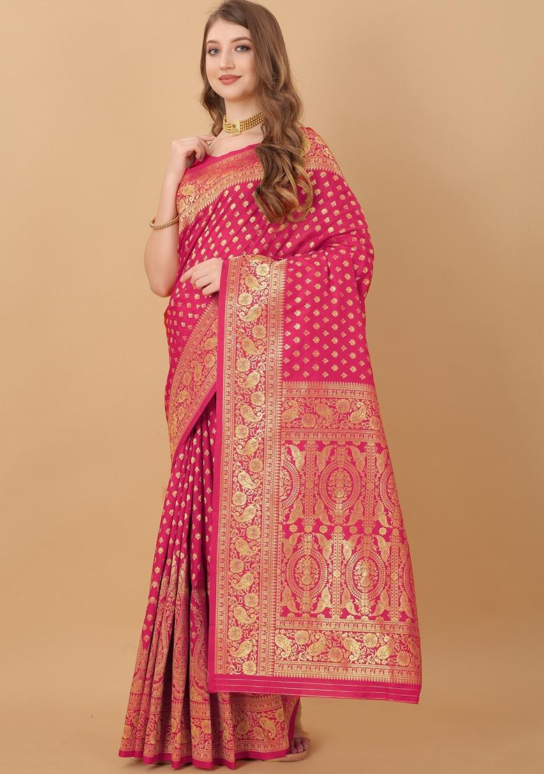 Pink Jacquard Litchi Silk Saree Set