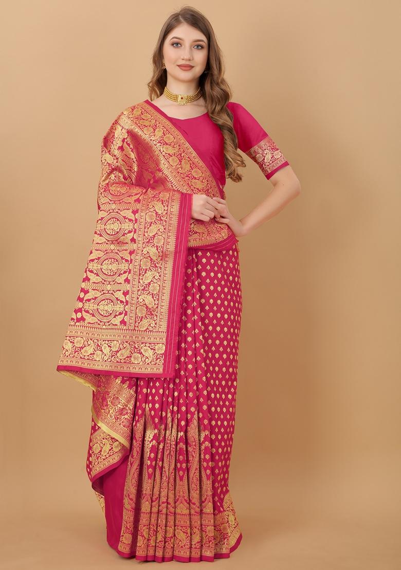 Pink Jacquard Litchi Silk Saree Set