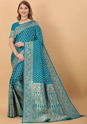 Rama Blue Jacquard Litchi Silk Saree Set