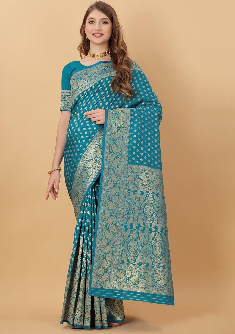 Rama Blue Jacquard Litchi Silk Saree Set