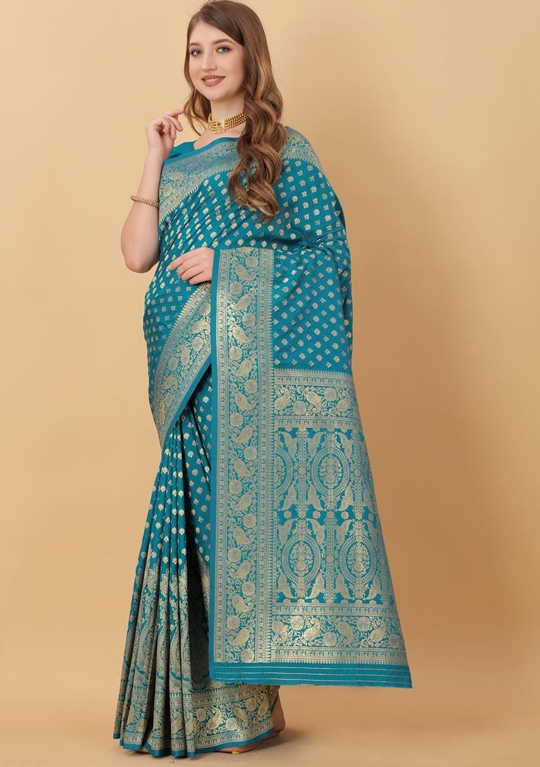 Rama Blue Jacquard Litchi Silk Saree Set