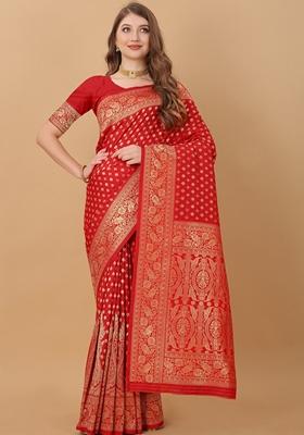 Red Jacquard Litchi Silk Saree Set