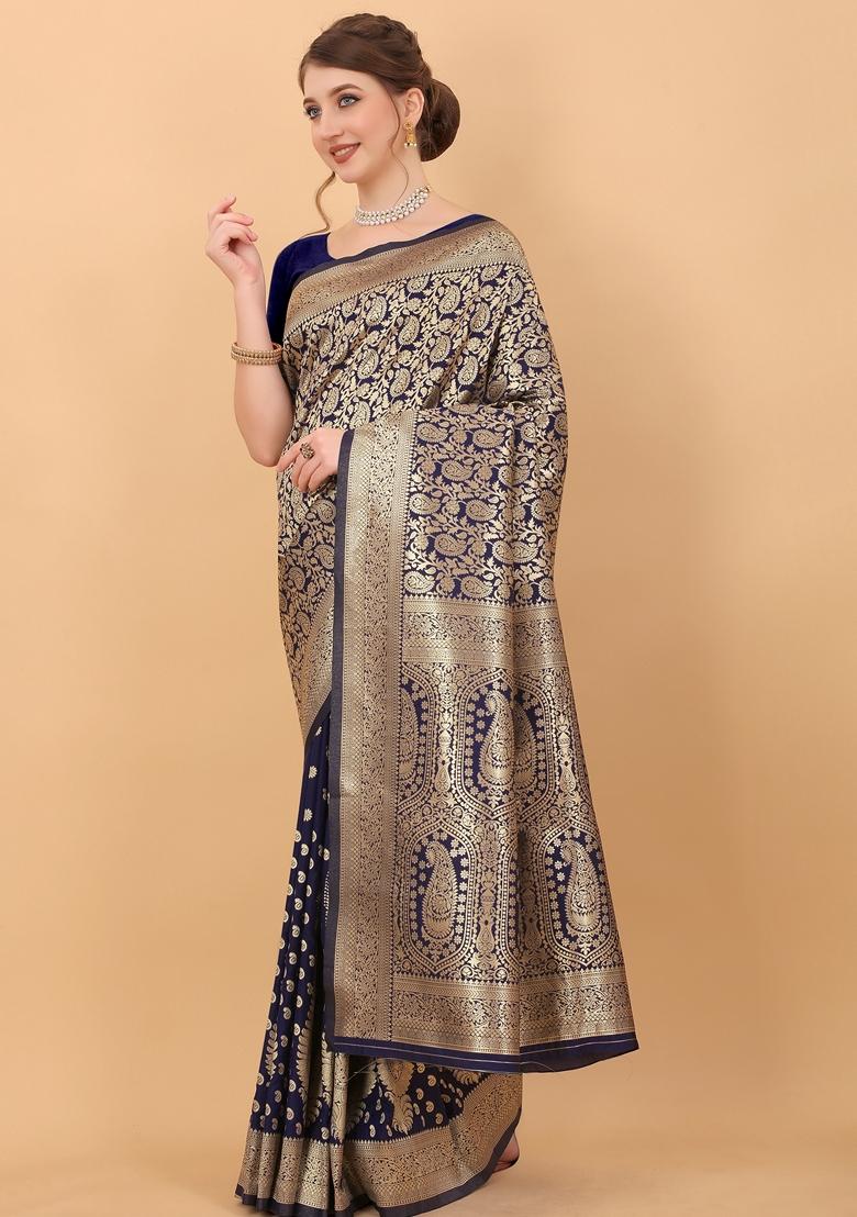 Navy Blue Jacquard Litchi Silk Saree Set