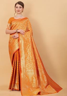 Orange Jacquard Litchi Silk Saree Set
