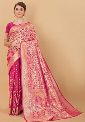 Pink Jacquard Litchi Silk Saree Set