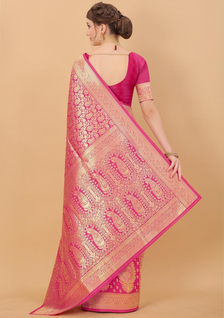 Pink Jacquard Litchi Silk Saree Set