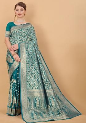 Rama Blue Jacquard Litchi Silk Saree Set