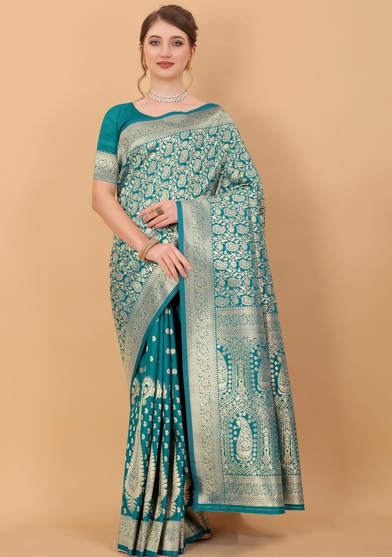 Rama Blue Jacquard Litchi Silk Saree Set
