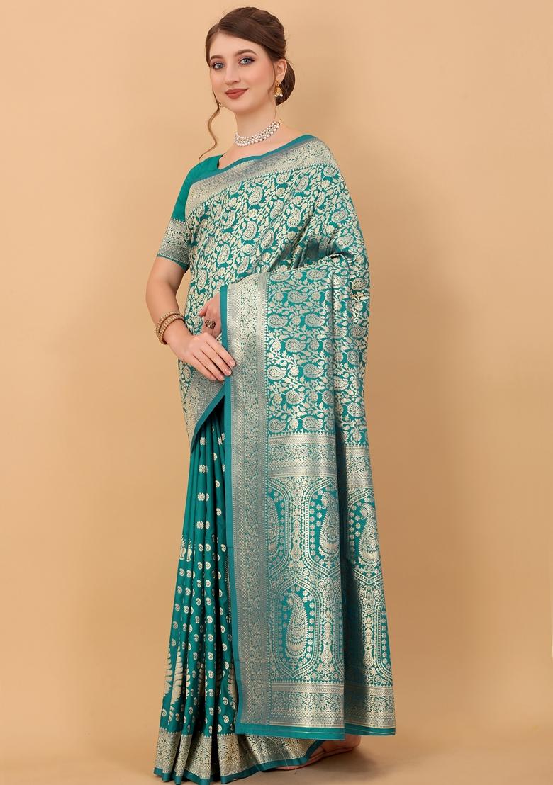 Rama Blue Jacquard Litchi Silk Saree Set