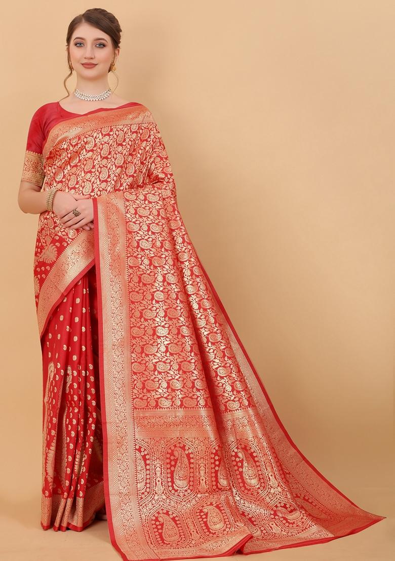 Red Jacquard Litchi Silk Saree Set