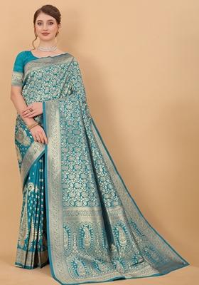 Turquoise Jacquard Litchi Silk Saree Set
