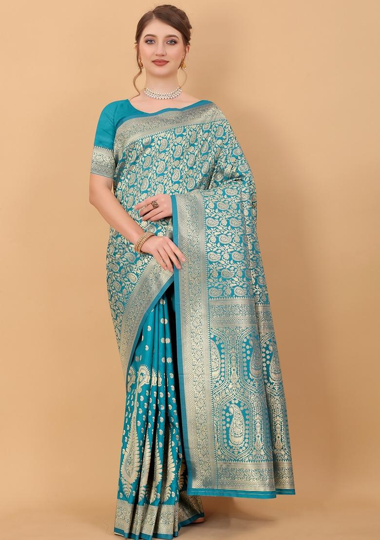 Turquoise Jacquard Litchi Silk Saree Set