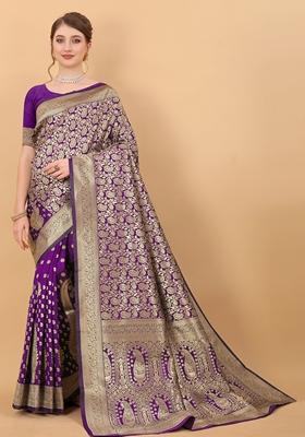 Violet Jacquard Litchi Silk Saree Set