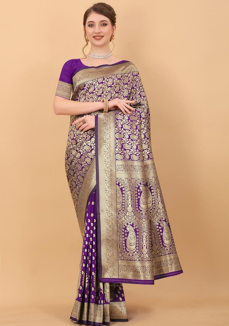 Violet Jacquard Litchi Silk Saree Set