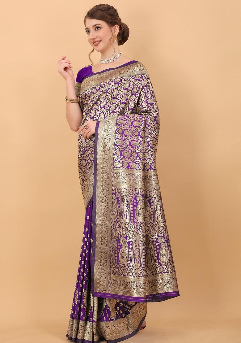 Violet Jacquard Litchi Silk Saree Set
