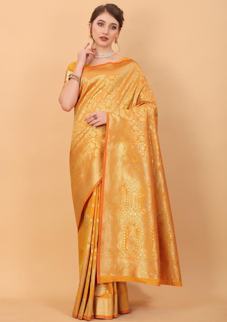 Yellow Jacquard Litchi Silk Saree Set