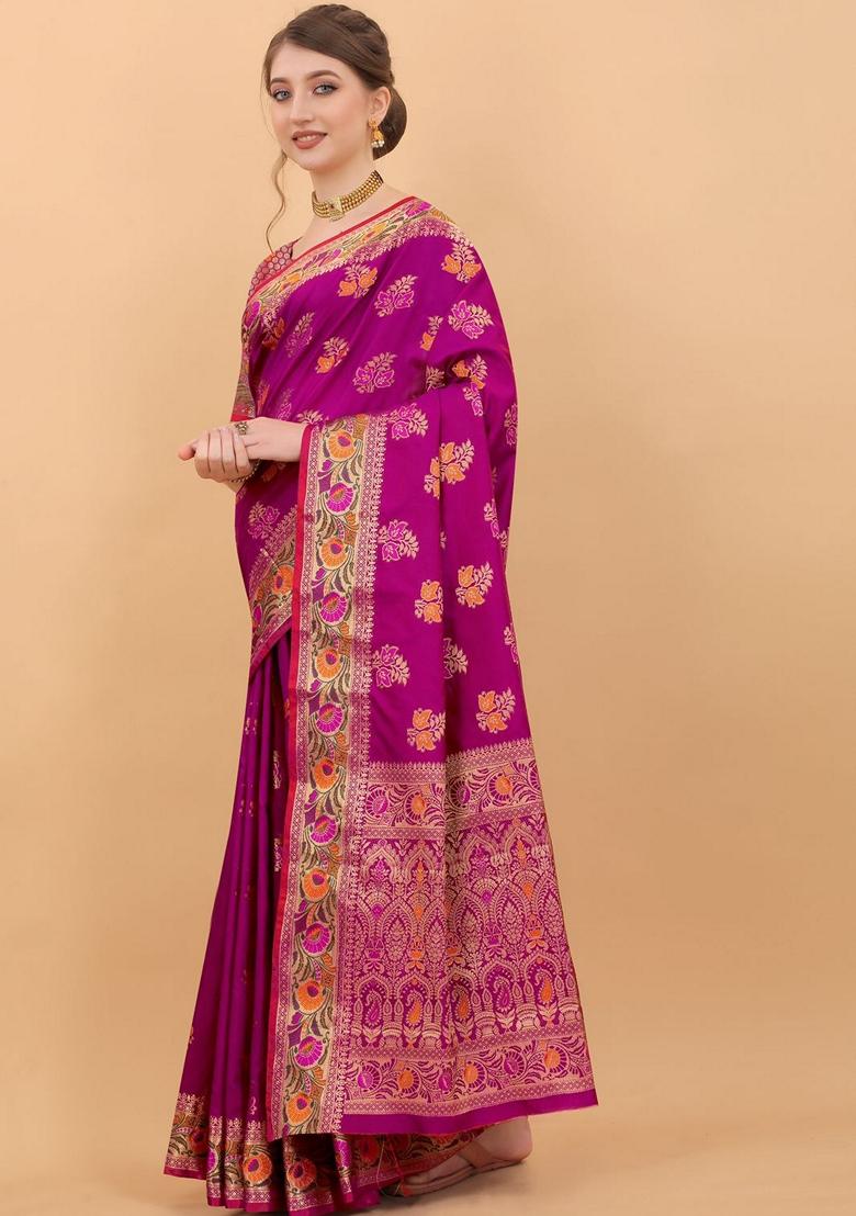 Magenta Jacquard Litchi Silk Saree Set