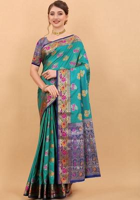 Rama Blue Jacquard Litchi Silk Saree Set