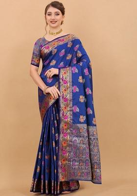 Royal Blue Jacquard Litchi Silk Saree Set