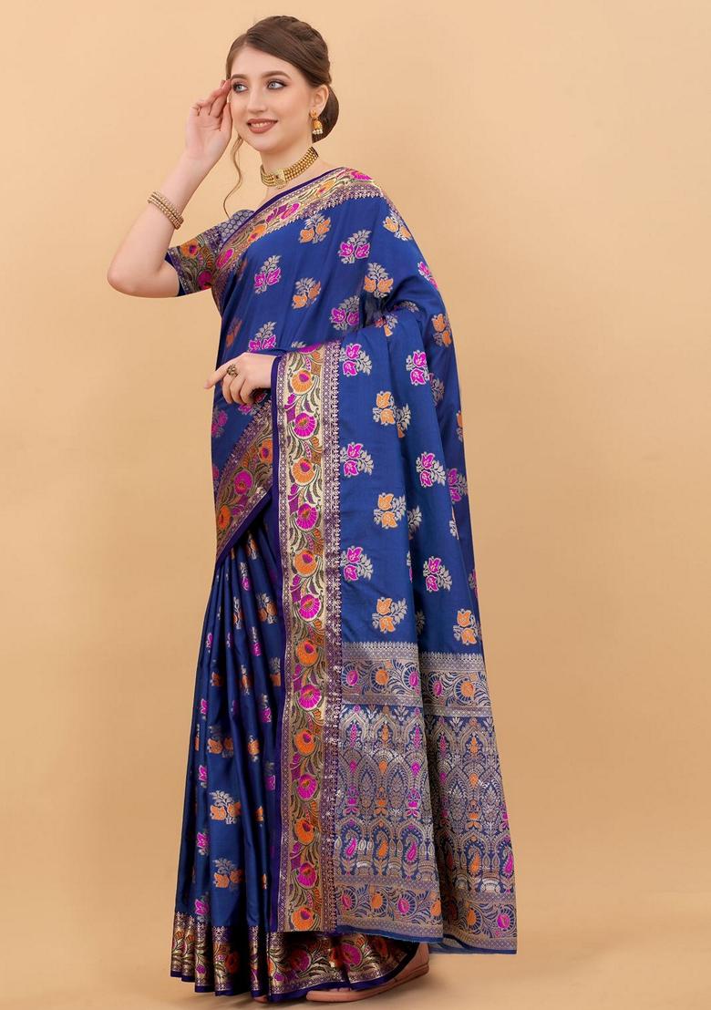 Royal Blue Jacquard Litchi Silk Saree Set