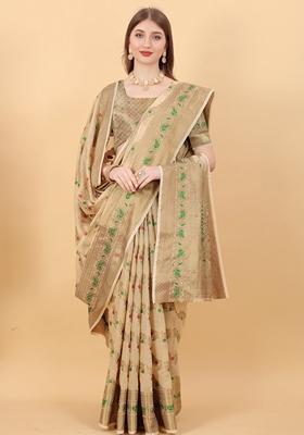 Beige Jacquard Cotton Silk Saree Set