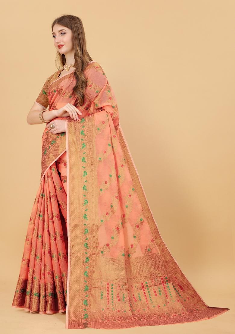 Peach Jacquard Cotton Silk Saree Set