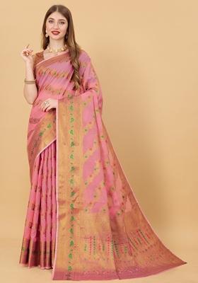 Pink Jacquard Cotton Silk Saree Set