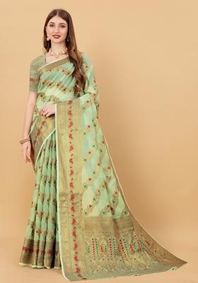 Pista Green Jacquard Cotton Silk Saree Set