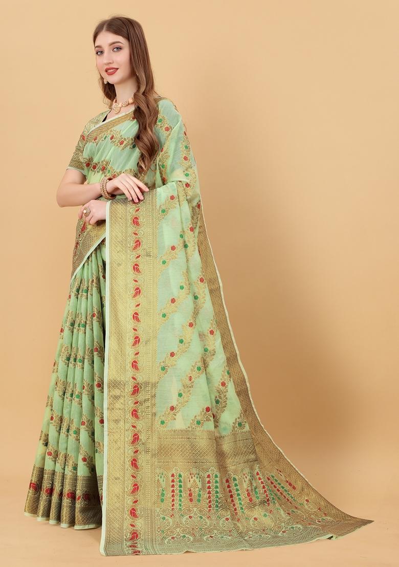 Pista Green Jacquard Cotton Silk Saree Set
