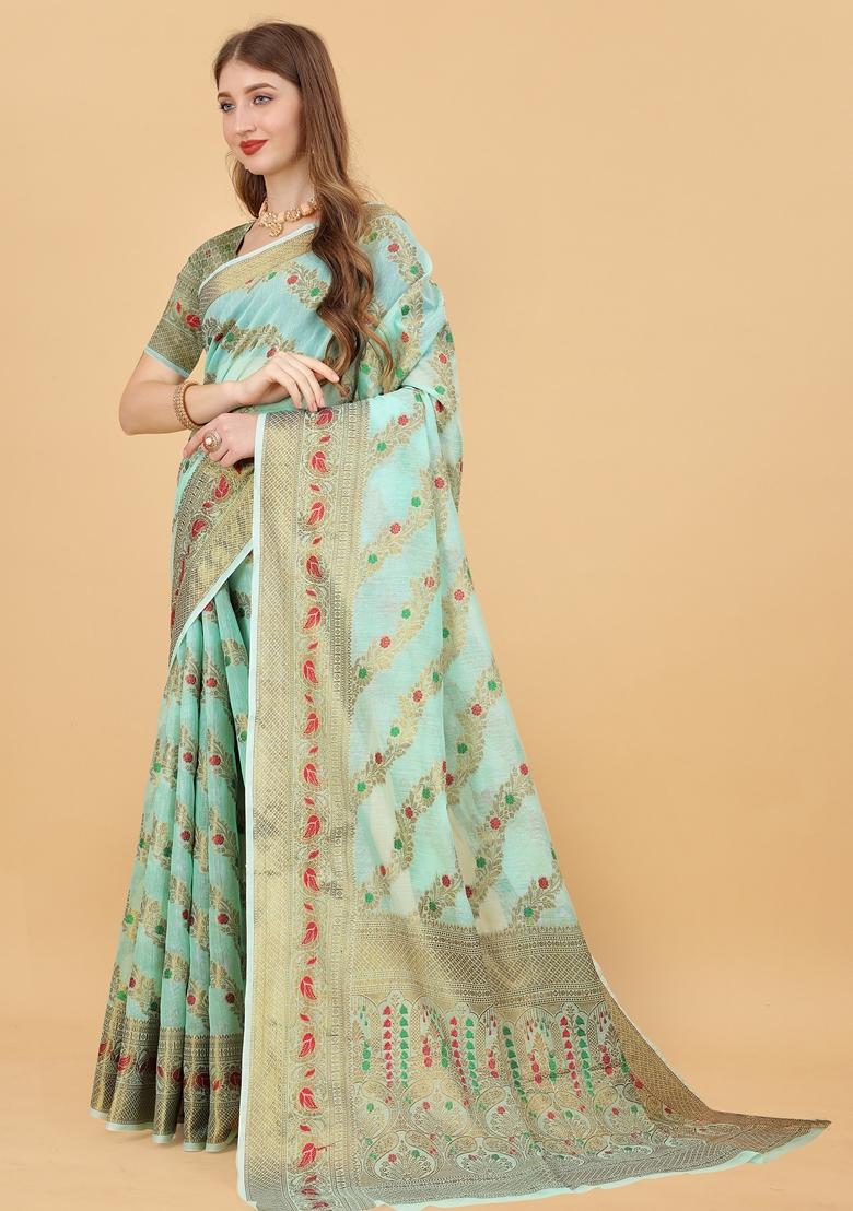 Sea Green Jacquard Cotton Silk Saree Set