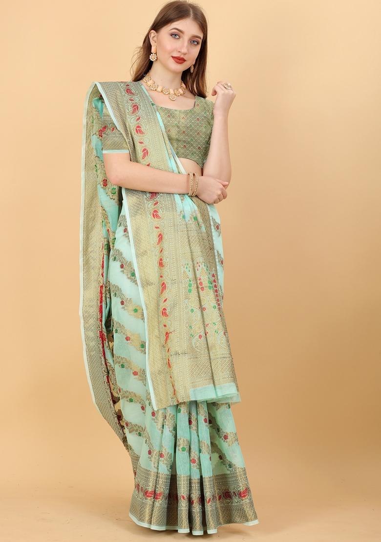 Sea Green Jacquard Cotton Silk Saree Set