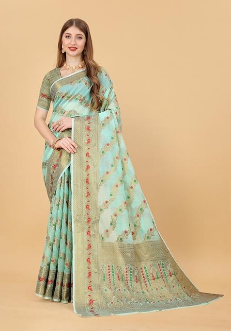 Sea Green Jacquard Cotton Silk Saree Set