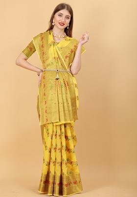 Yellow Jacquard Cotton Silk Saree Set