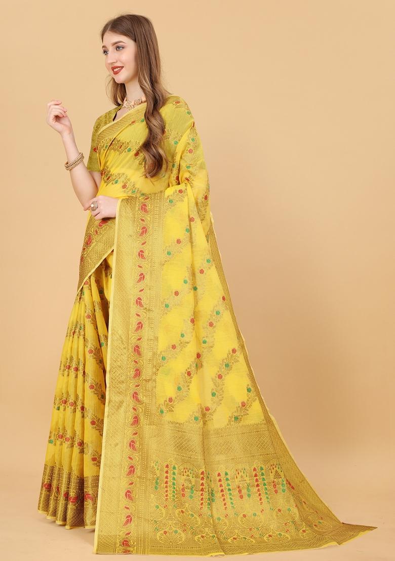 Yellow Jacquard Cotton Silk Saree Set