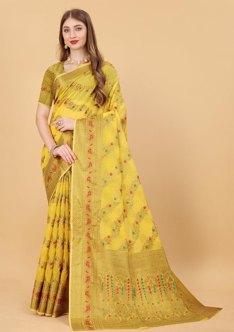 Yellow Jacquard Cotton Silk Saree Set
