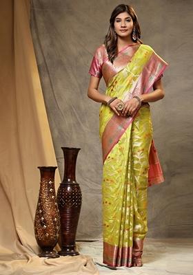 Lemon Yellow Jacquard Organza Silk Saree Set