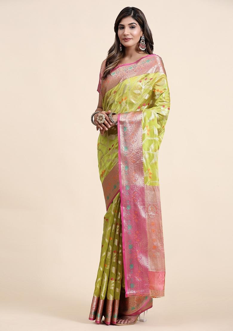 Lemon Yellow Jacquard Organza Silk Saree Set