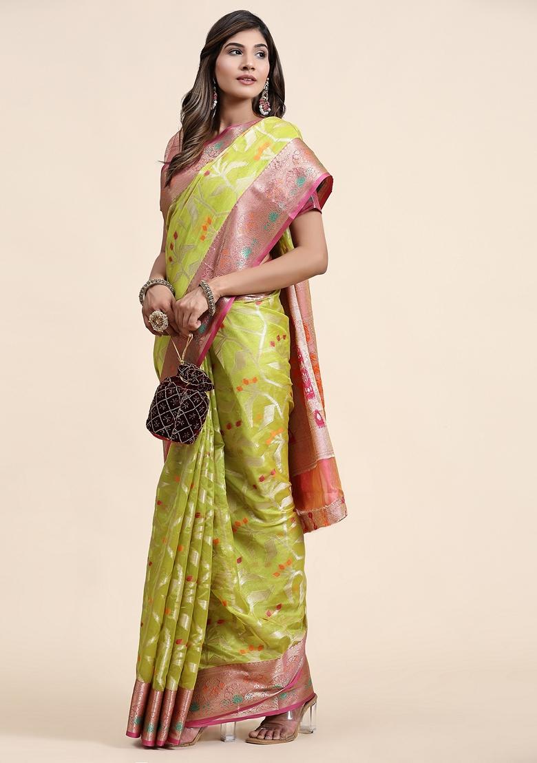Lemon Yellow Jacquard Organza Silk Saree Set