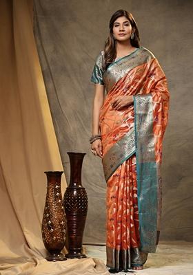Peach Jacquard Organza Silk Saree Set