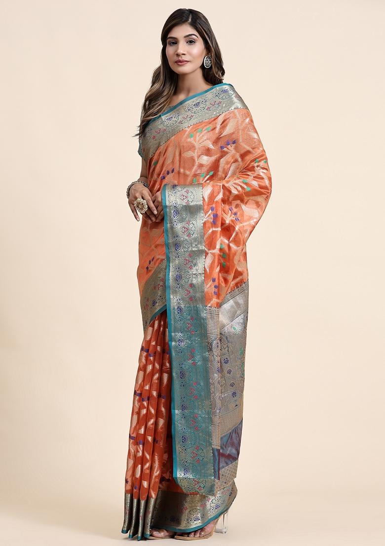 Peach Jacquard Organza Silk Saree Set