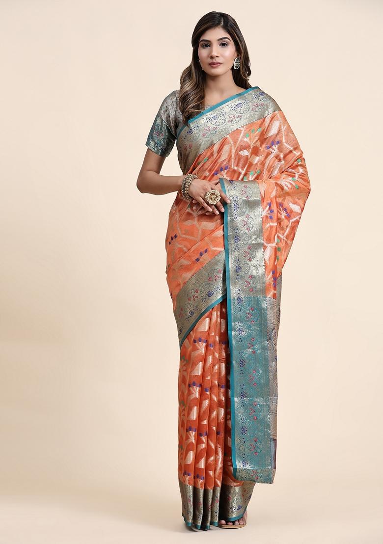 Peach Jacquard Organza Silk Saree Set
