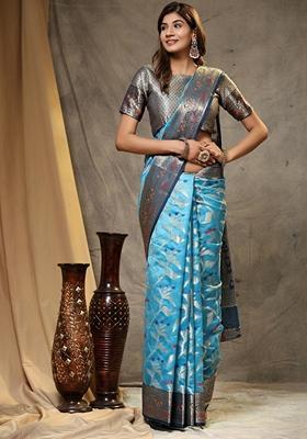 Sky Blue Jacquard Organza Silk Saree Set