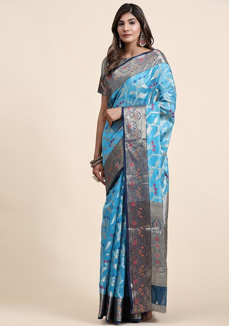 Sky Blue Jacquard Organza Silk Saree Set