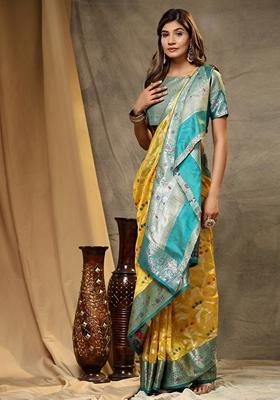 Yellow Jacquard Organza Silk Saree Set