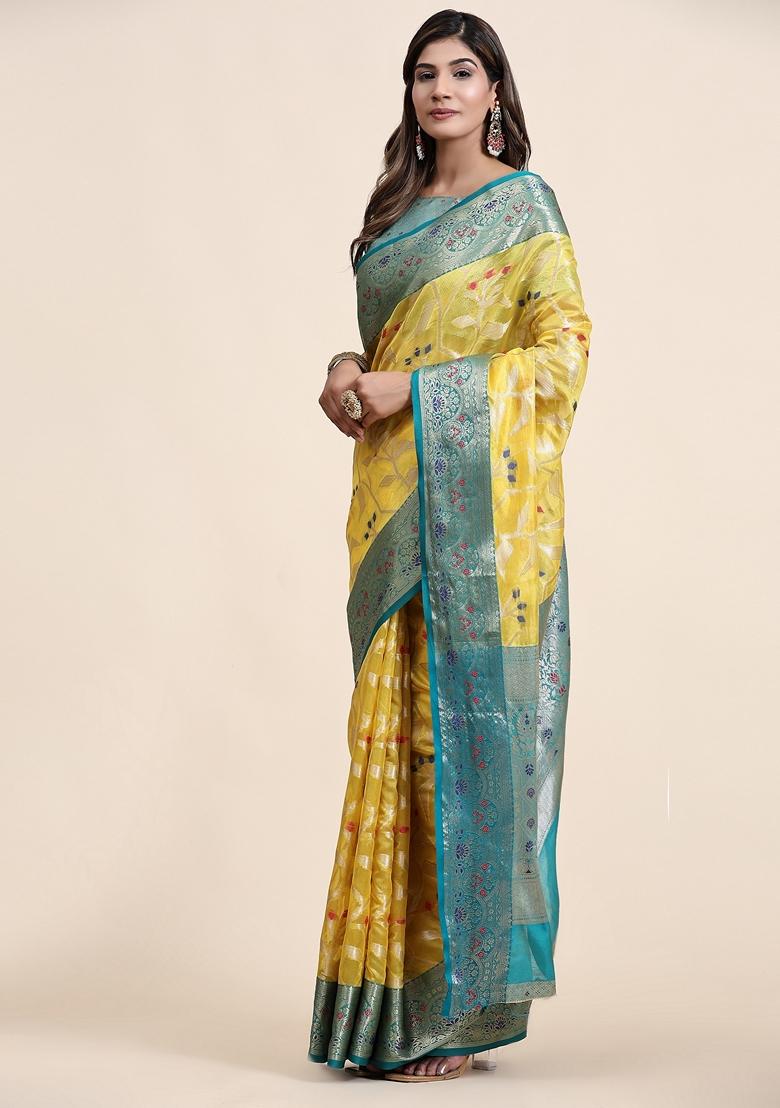 Yellow Jacquard Organza Silk Saree Set
