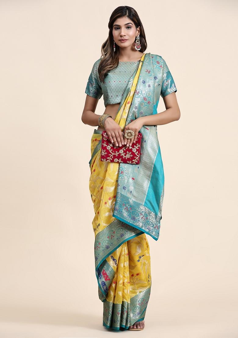Yellow Jacquard Organza Silk Saree Set
