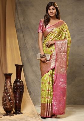 Lemon Yellow Jacquard Organza Silk Saree Set