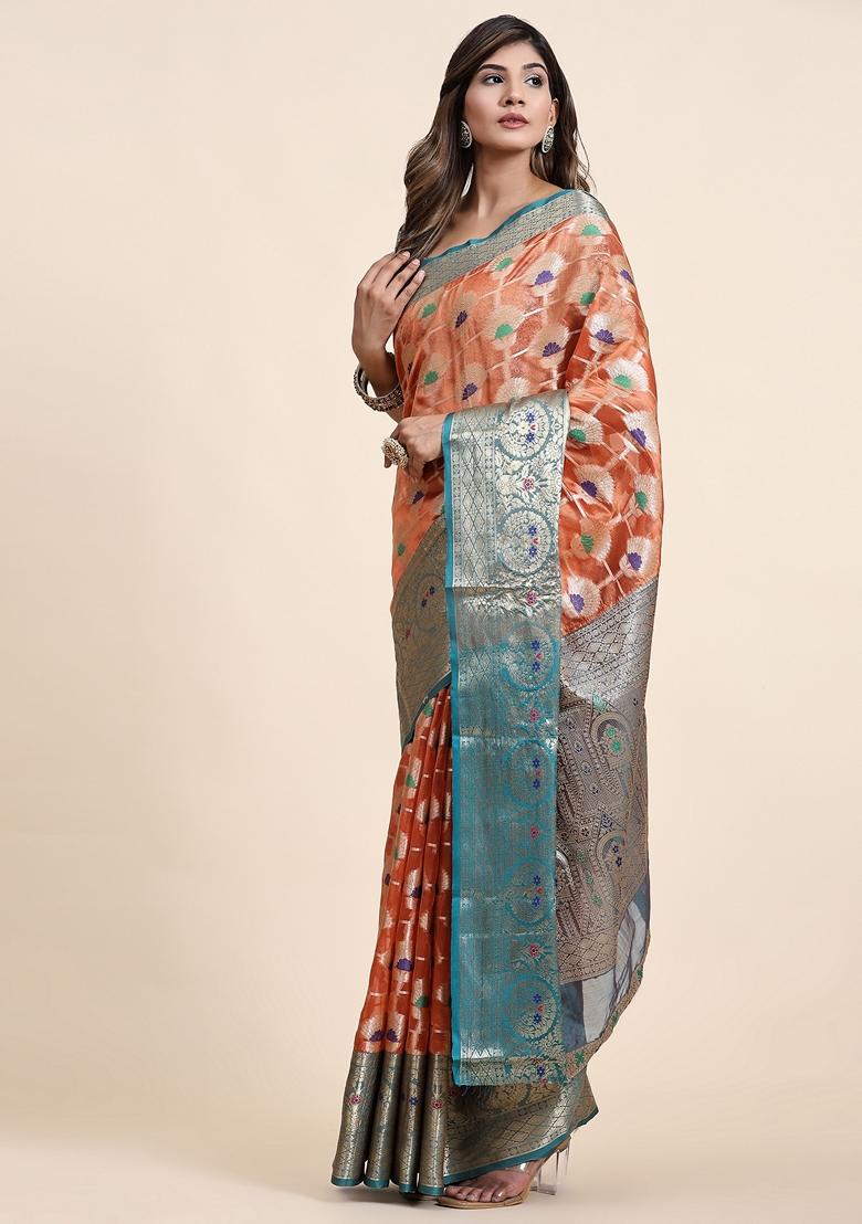 Peach Jacquard Organza Silk Saree Set