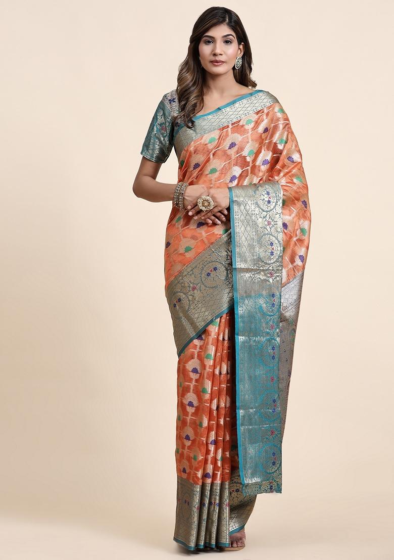 Peach Jacquard Organza Silk Saree Set
