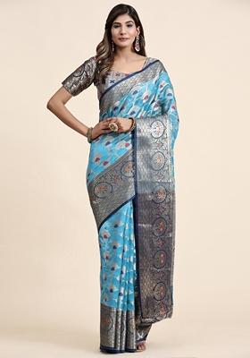 Sky Blue Jacquard Organza Silk Saree Set